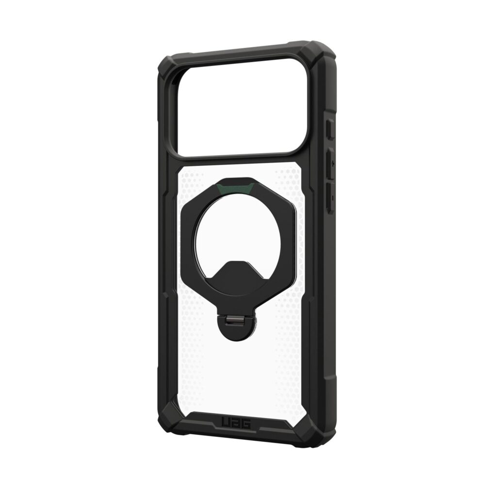 UAG Plasma XTE 360 MagSafe case in Black shown from a rear three-quarter angle with the large camera opening and rotating kickstand visible