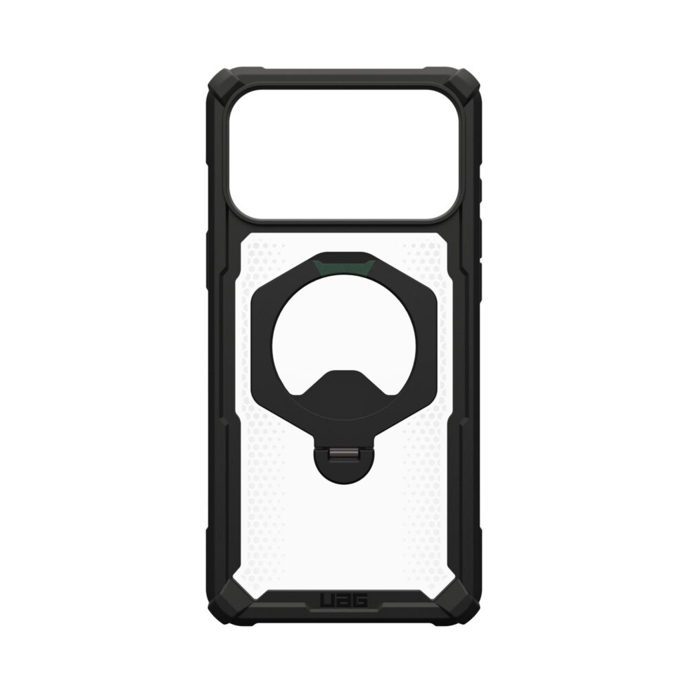 Black UAG Plasma XTE 360 MagSafe case for iPhone 18 Pro Max and iPhone 17 Pro Max shown from the rear with the integrated rotating kickstand visible