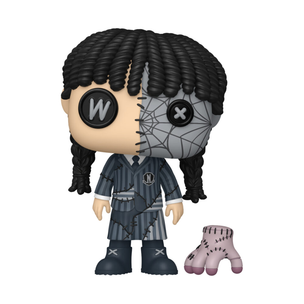 Unboxed Wednesday Addams Patchwork Funko Pop & Buddy #1942 shown with the Thing companion figure
