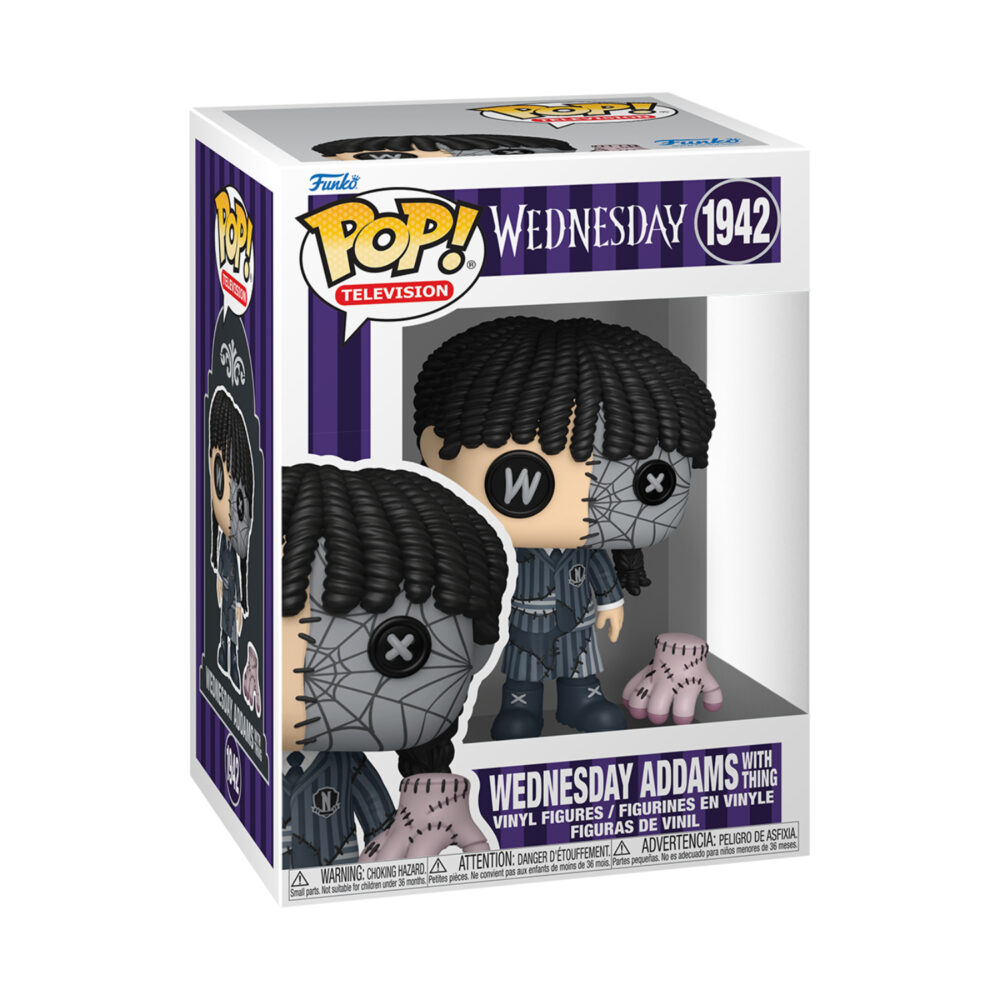 Wednesday Addams Patchwork with Thing Funko Pop & Buddy #1942 shown in its window display box