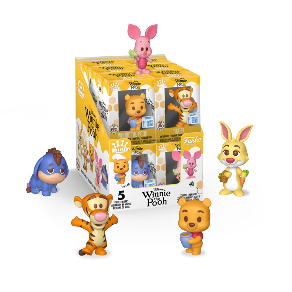 Winnie the Pooh Funko Mystery Minis Box of 12 retail display box shown with sample Pooh, Tigger, Eeyore, Piglet and Rabbit figures