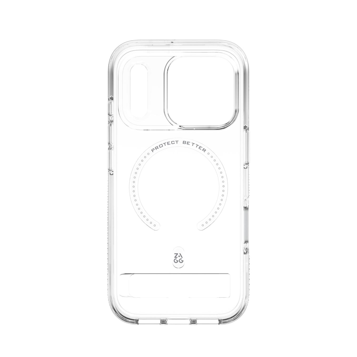 Interior view of the empty clear ZAGG Crystal Palace Snap case showing the magnetic ring and integrated kickstand area.
