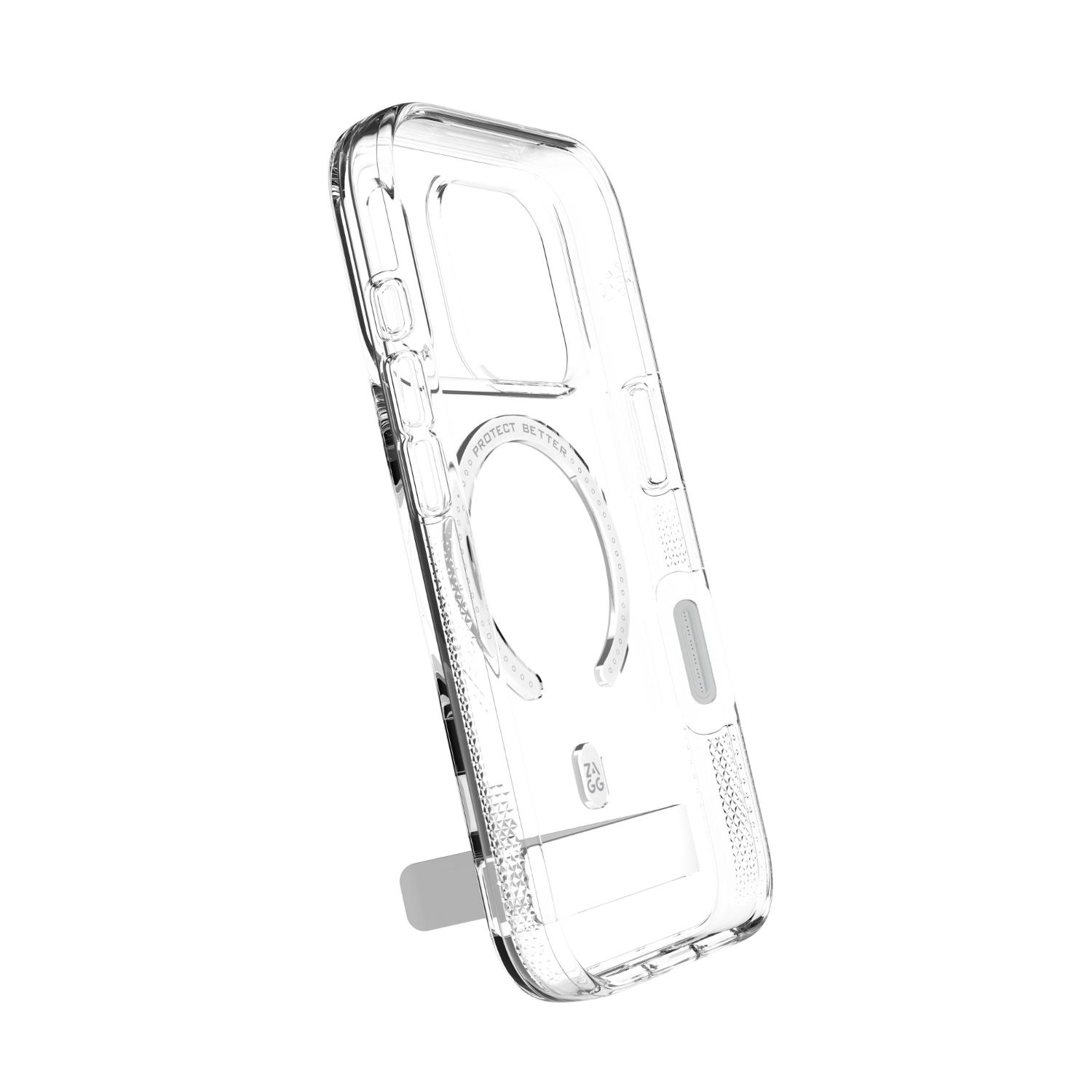 Angled view of the empty clear ZAGG Crystal Palace Snap case with the integrated kickstand extended.