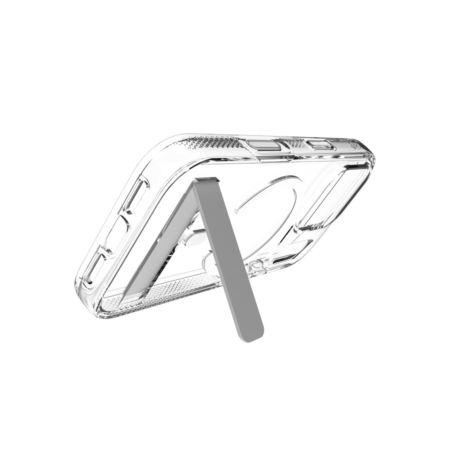 Empty clear ZAGG Crystal Palace Snap case shown with the integrated kickstand open in landscape orientation.