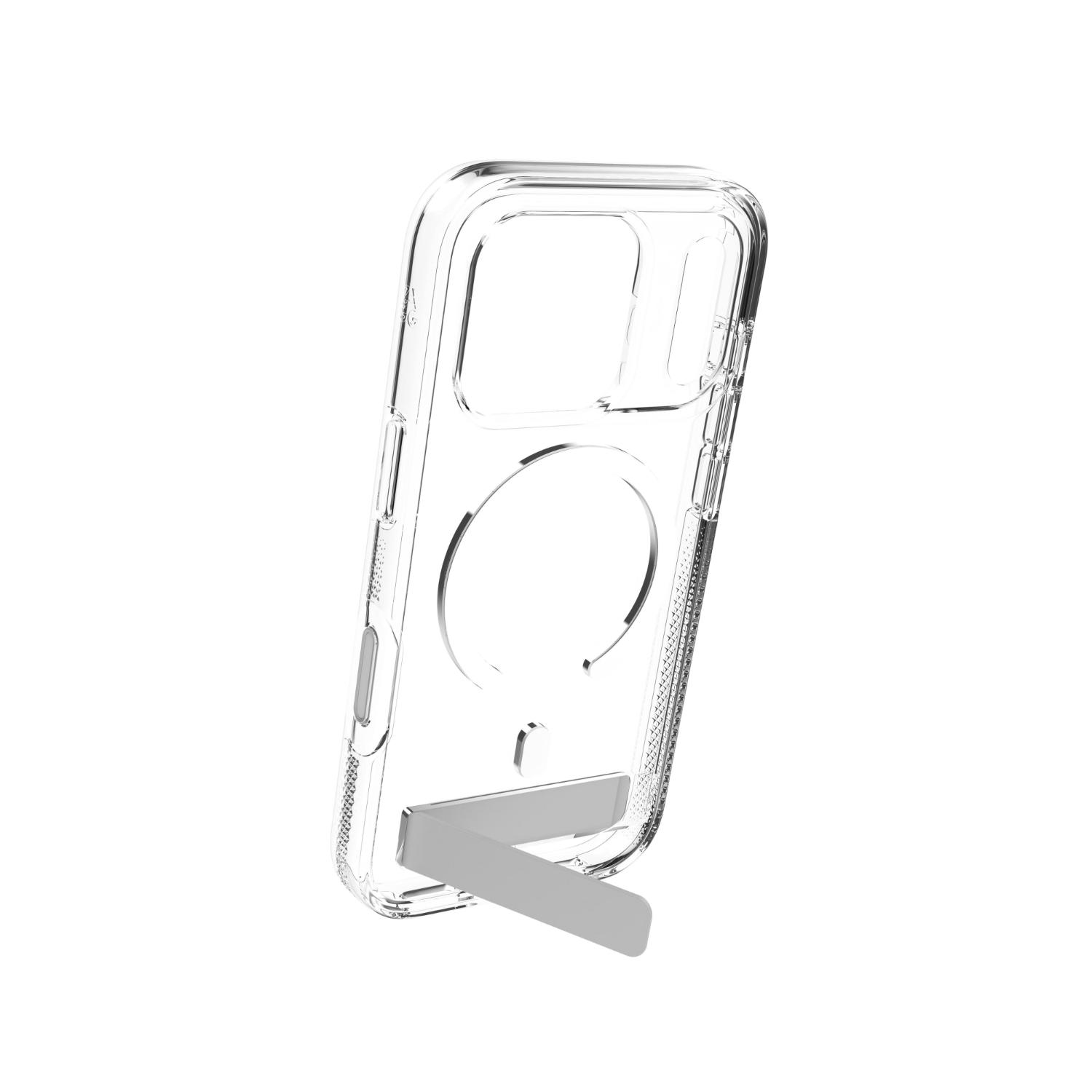Empty clear ZAGG Crystal Palace Snap case shown with the integrated kickstand open in portrait orientation.