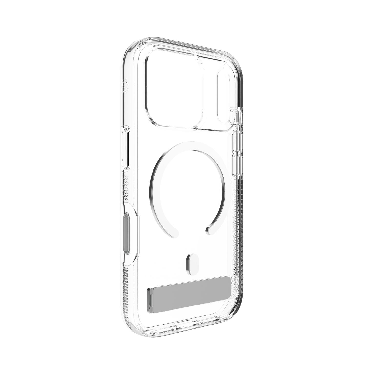 Rear left-angled view of the empty clear ZAGG Crystal Palace Snap case with its kickstand folded.