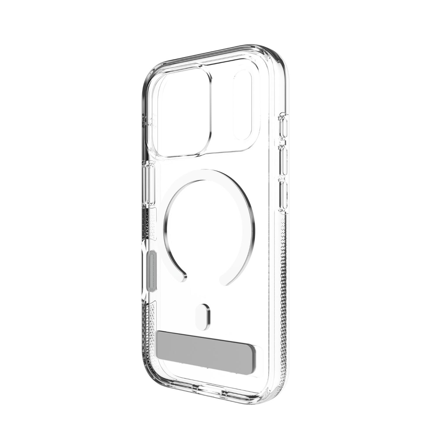 Rear right-angled view of the empty clear ZAGG Crystal Palace Snap case with its kickstand folded.