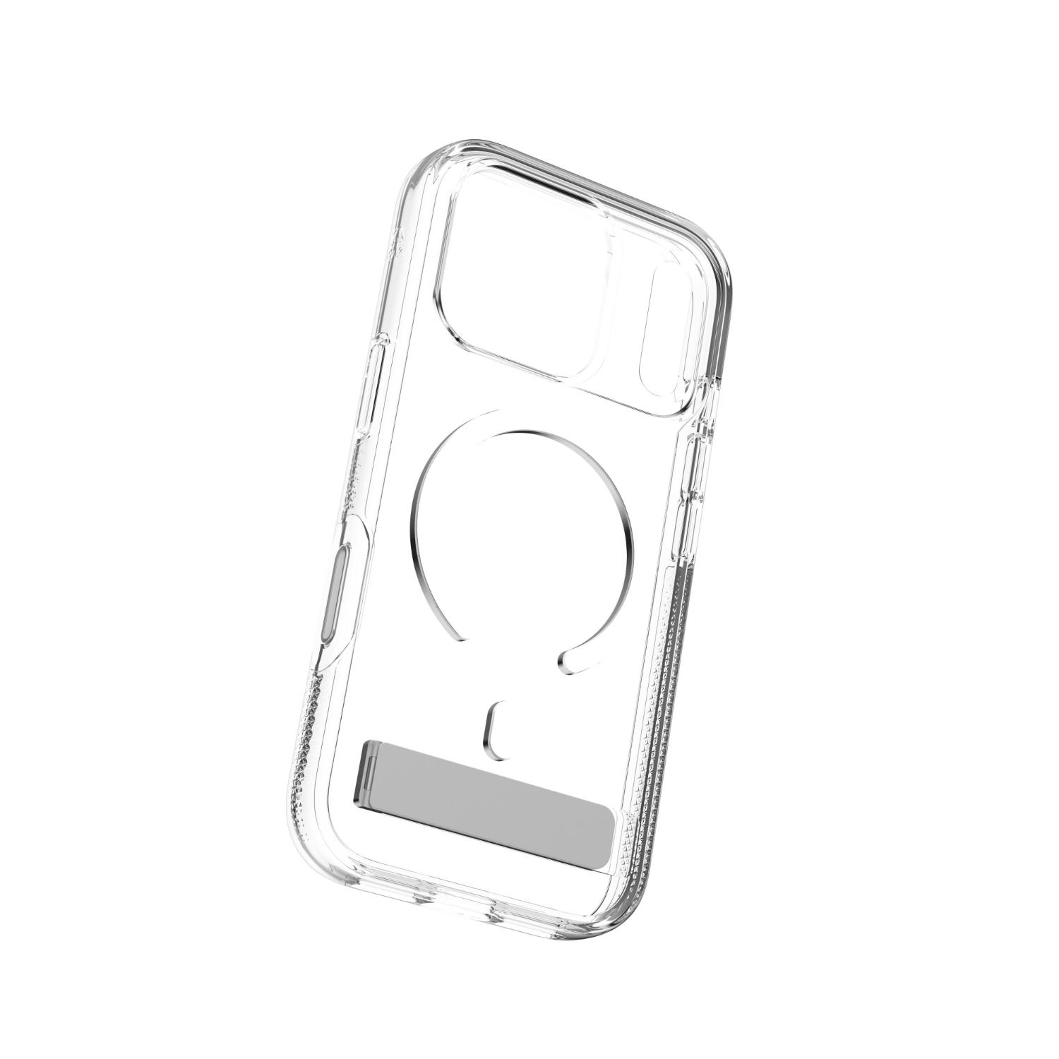 Tilted rear view of the empty clear ZAGG Crystal Palace Snap case with the magnetic ring and folded kickstand visible.
