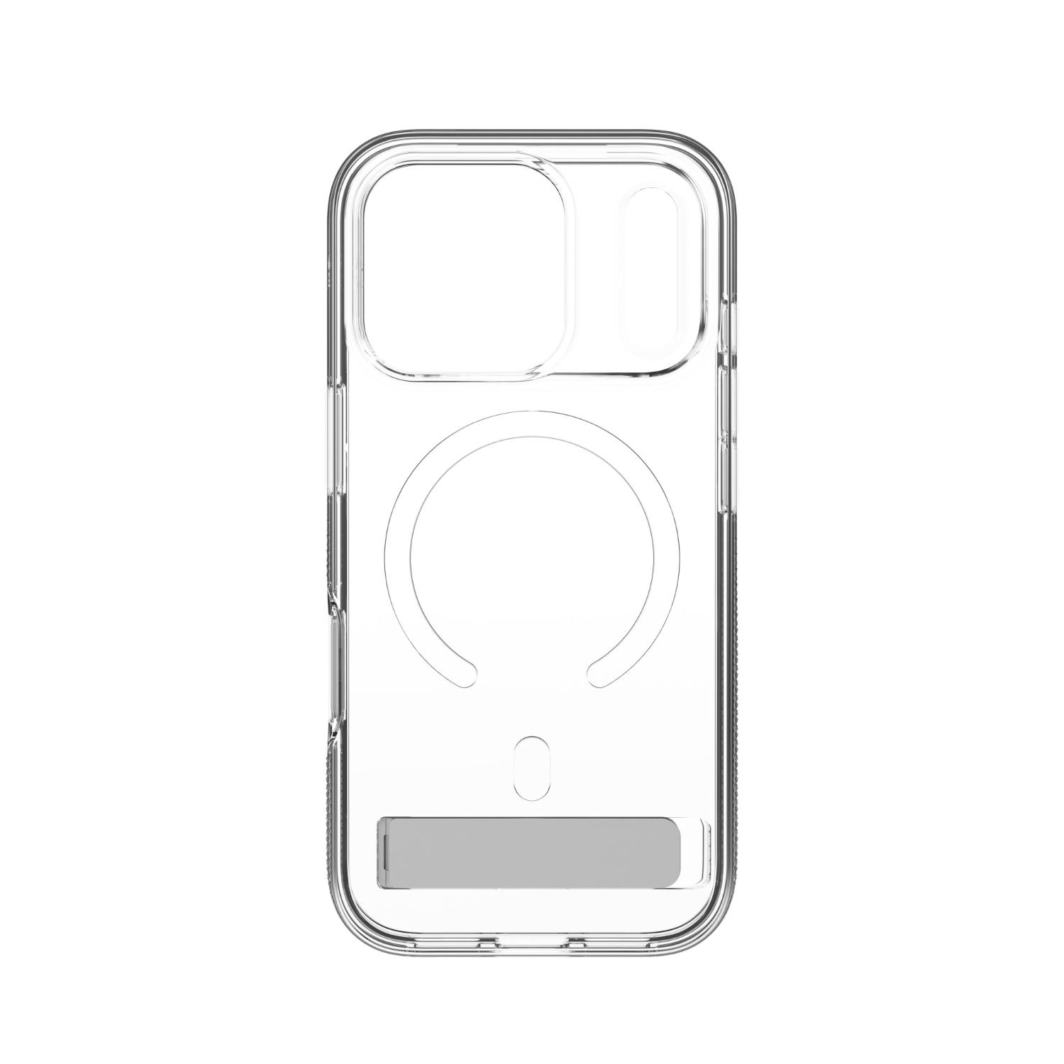 Straight rear view of the empty clear ZAGG Crystal Palace Snap case with magnetic ring and integrated kickstand.