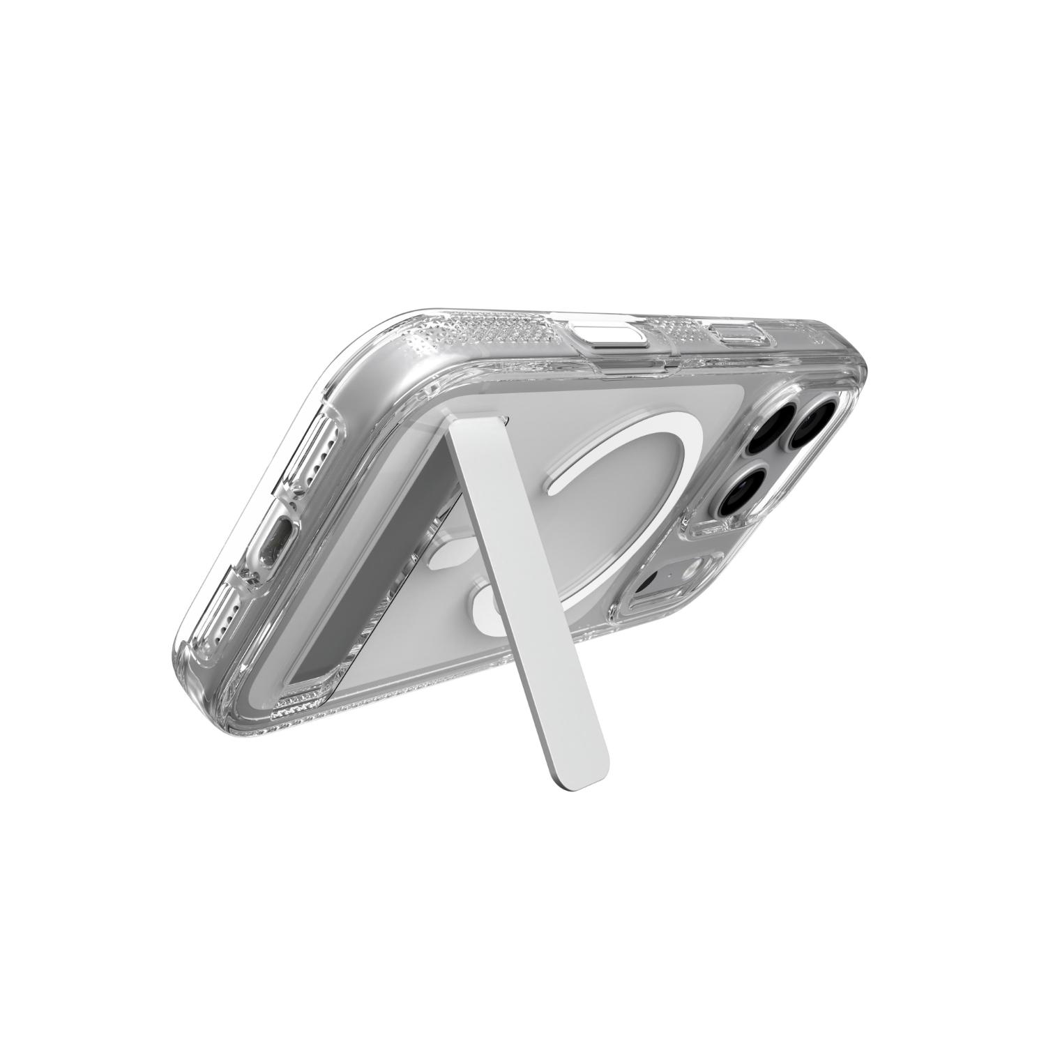 Clear ZAGG Crystal Palace Snap case fitted to an iPhone 18 Pro or 17 Pro with the kickstand open in landscape orientation.