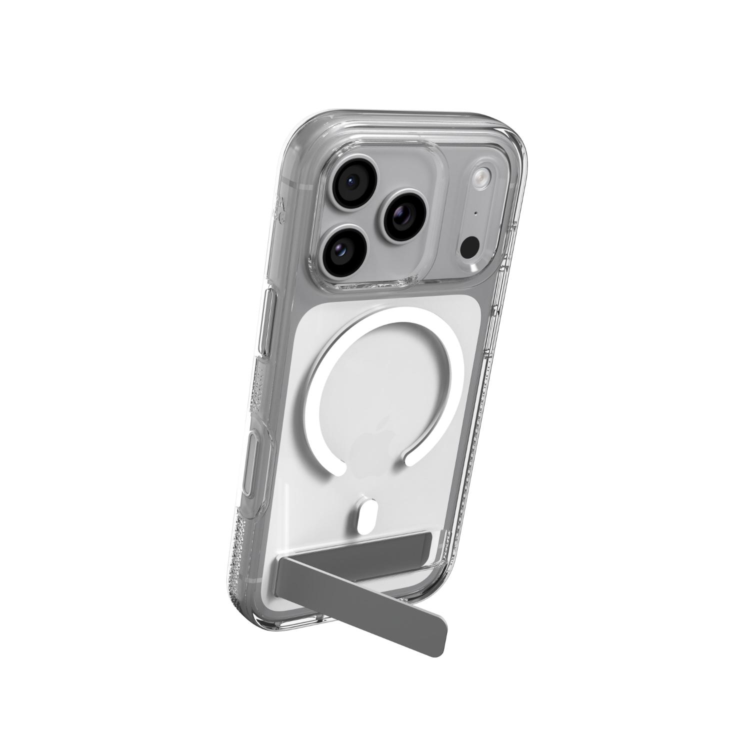 Clear ZAGG Crystal Palace Snap case fitted to an iPhone 18 Pro or 17 Pro with the kickstand open in portrait orientation.