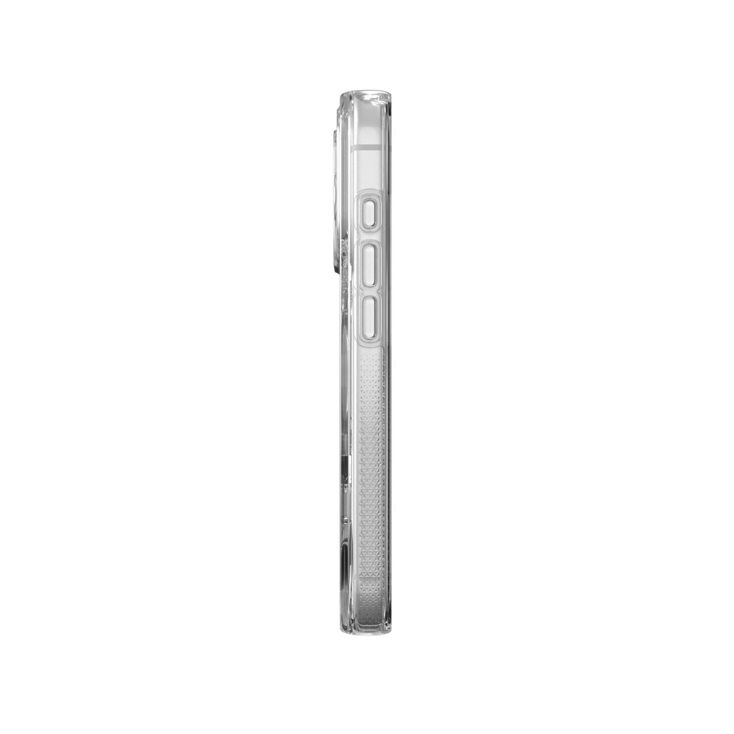 Left-side profile of the clear ZAGG Crystal Palace Snap case fitted to an iPhone 18 Pro or 17 Pro.