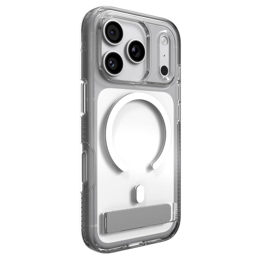 Clear ZAGG Crystal Palace Snap case with kickstand fitted to an iPhone 18 Pro or 17 Pro, shown from a rear angle.