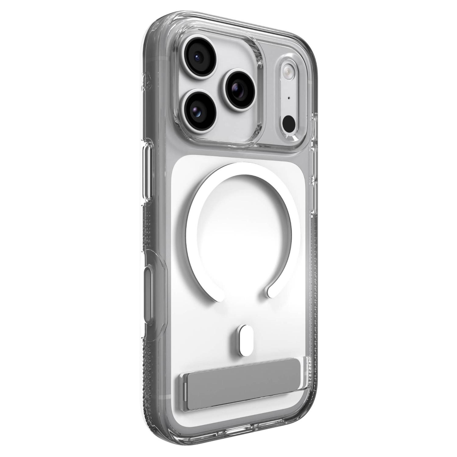 Clear ZAGG Crystal Palace Snap case with kickstand fitted to an iPhone 18 Pro or 17 Pro, shown from a rear angle.