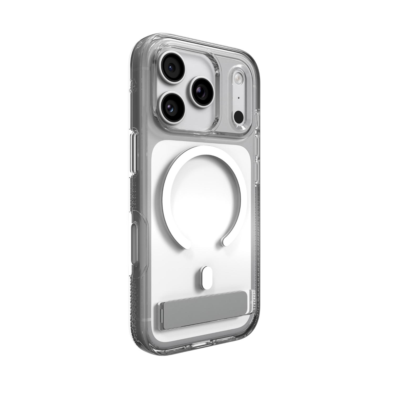 Rear left-angled view of the clear ZAGG Crystal Palace Snap case fitted to an iPhone 18 Pro or 17 Pro.