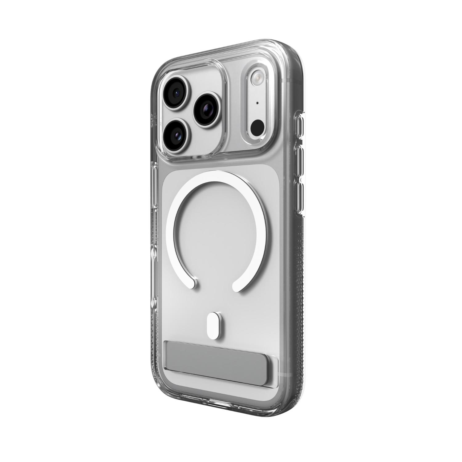 Rear right-angled view of the clear ZAGG Crystal Palace Snap case fitted to an iPhone 18 Pro or 17 Pro.