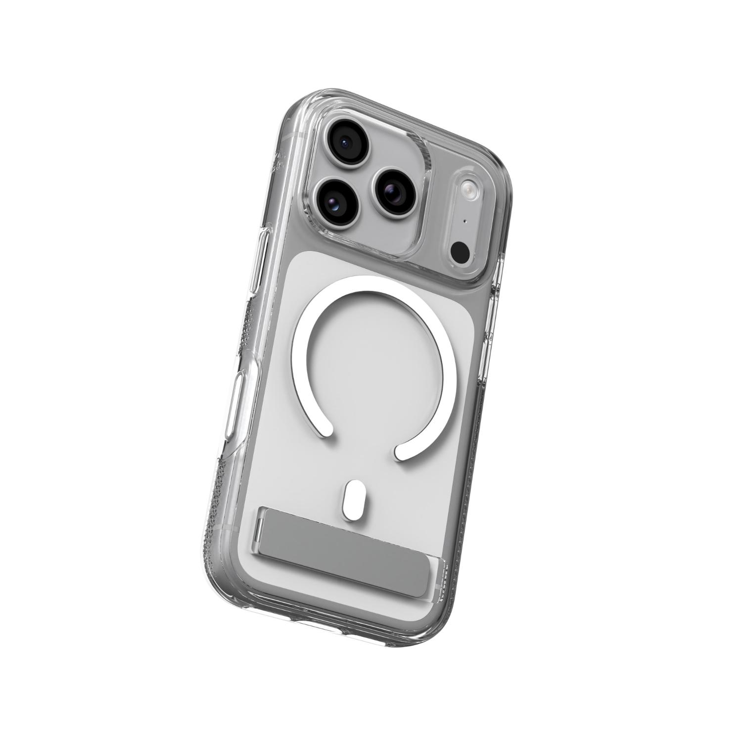 Tilted rear view of the clear ZAGG Crystal Palace Snap case fitted to an iPhone 18 Pro or 17 Pro.