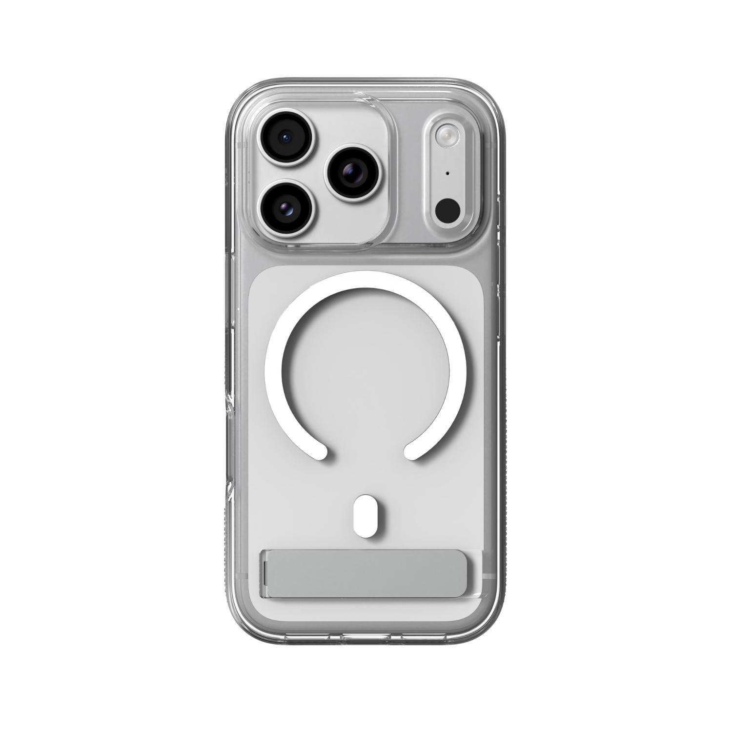 Straight rear view of the clear ZAGG Crystal Palace Snap case with kickstand fitted to an iPhone 18 Pro or 17 Pro.