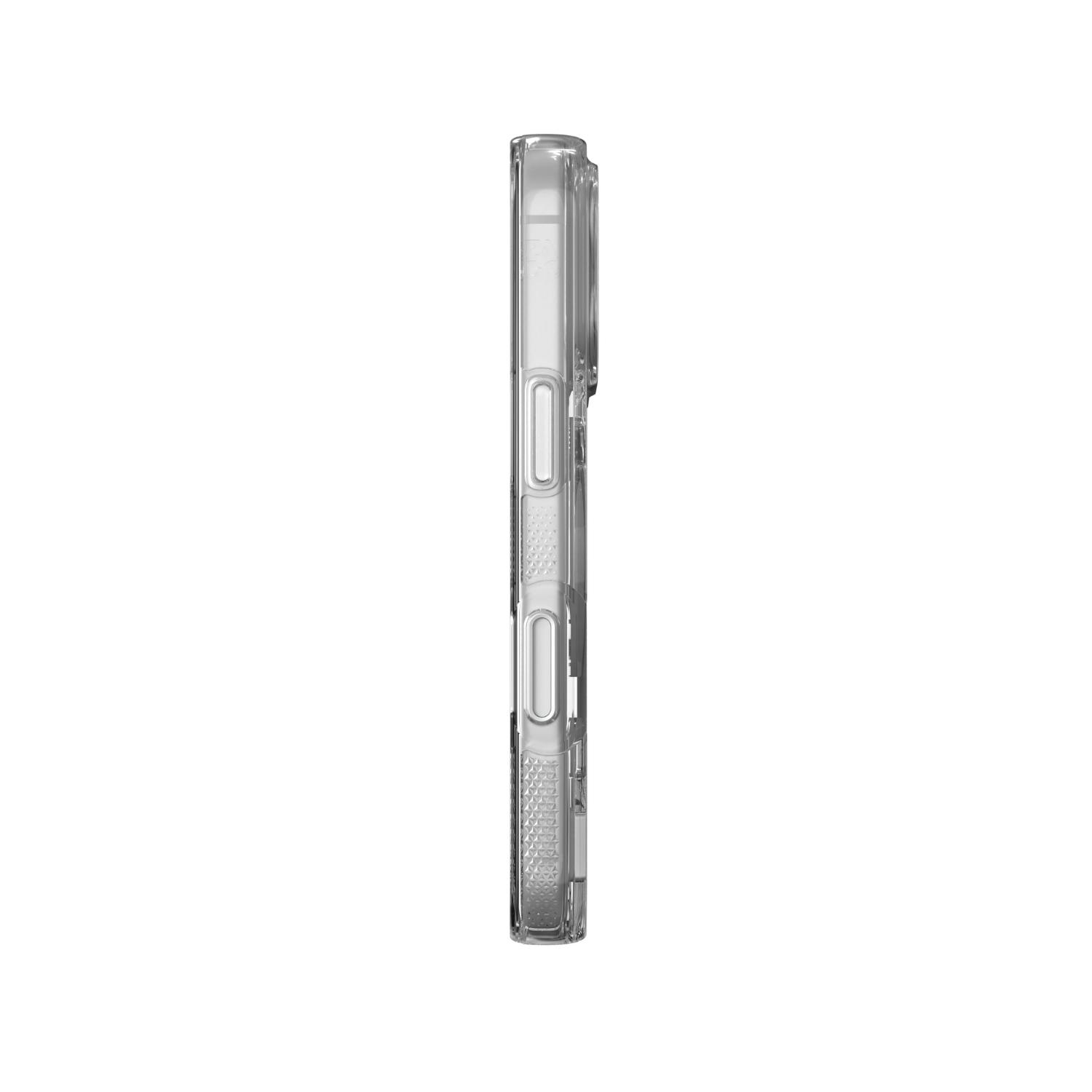 Right-side profile of the clear ZAGG Crystal Palace Snap case fitted to an iPhone 18 Pro or 17 Pro.