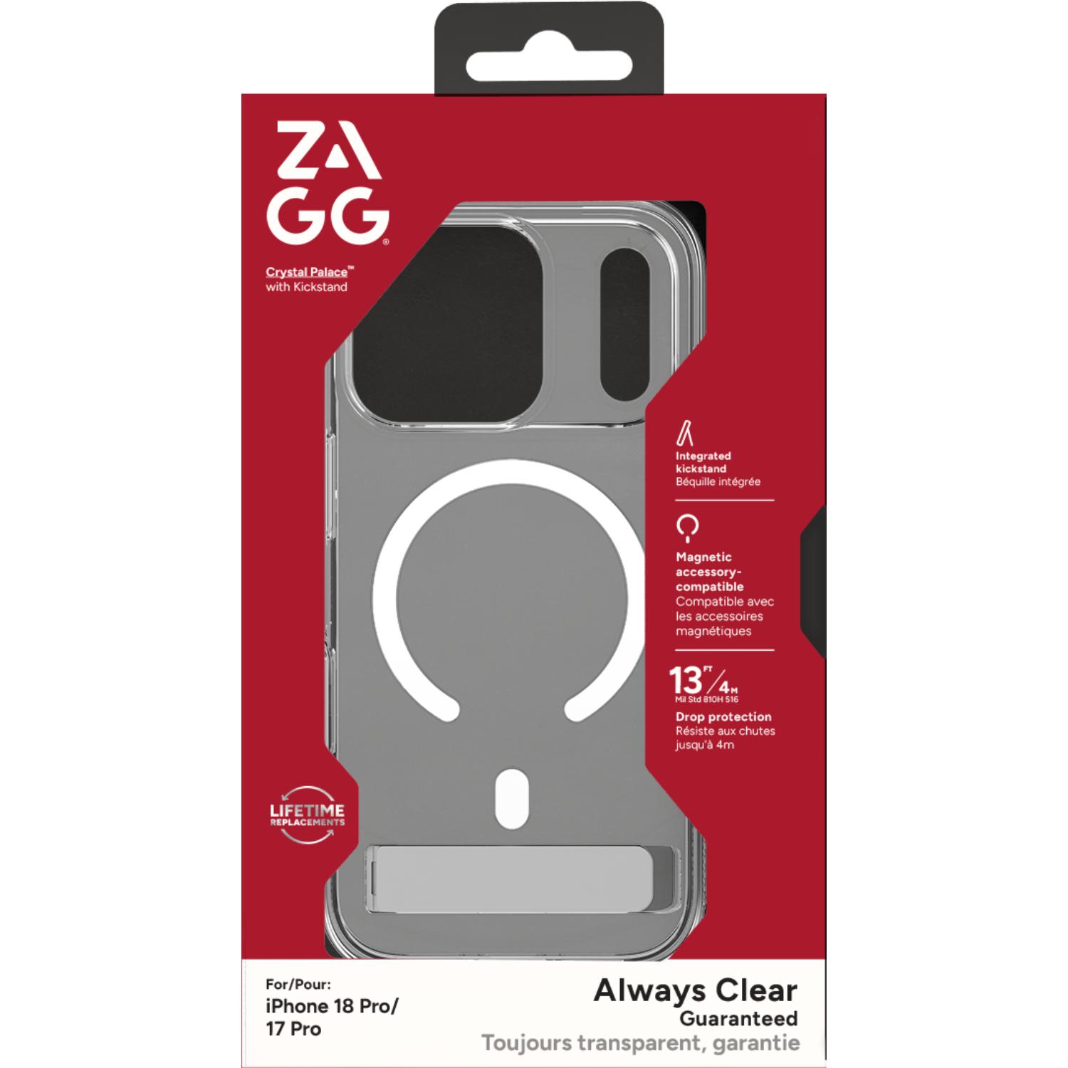 Front of the ZAGG Crystal Palace Snap case retail packaging for iPhone 18 Pro and 17 Pro, showing the clear case inside.