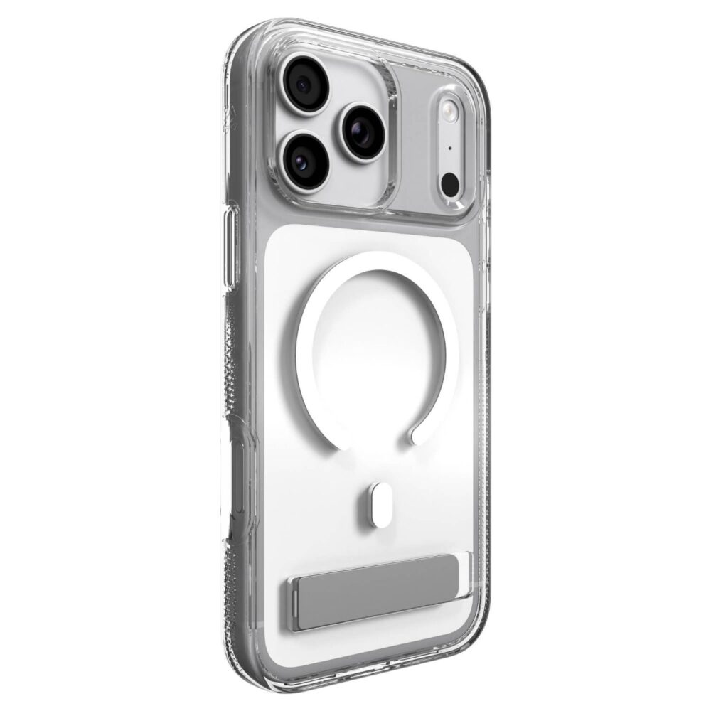 Clear ZAGG Crystal Palace Snap case with kickstand fitted to an iPhone 18 Pro Max or 17 Pro Max, shown from a rear angle.