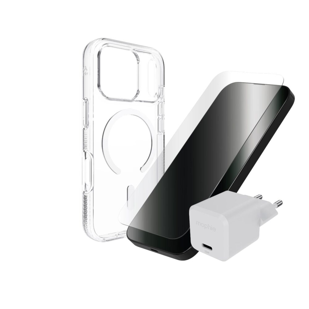 ZAGG 3-in-1 accessory bundle for iPhone 18 Pro Max and iPhone 17 Pro Max showing a clear Crystal Palace Snap case, Glass Elite screen protector and 35W wall charger