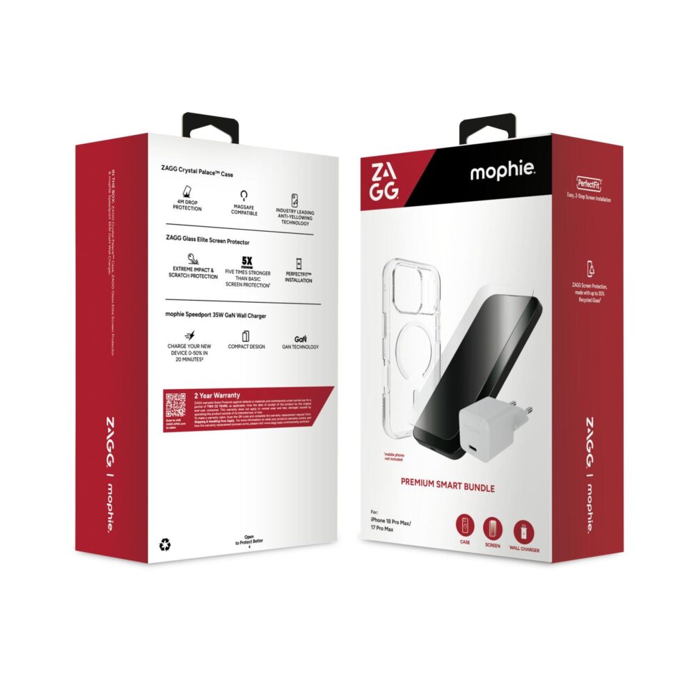Front and back of the ZAGG 3-in-1 accessory bundle retail packaging for iPhone 18 Pro Max and iPhone 17 Pro Max