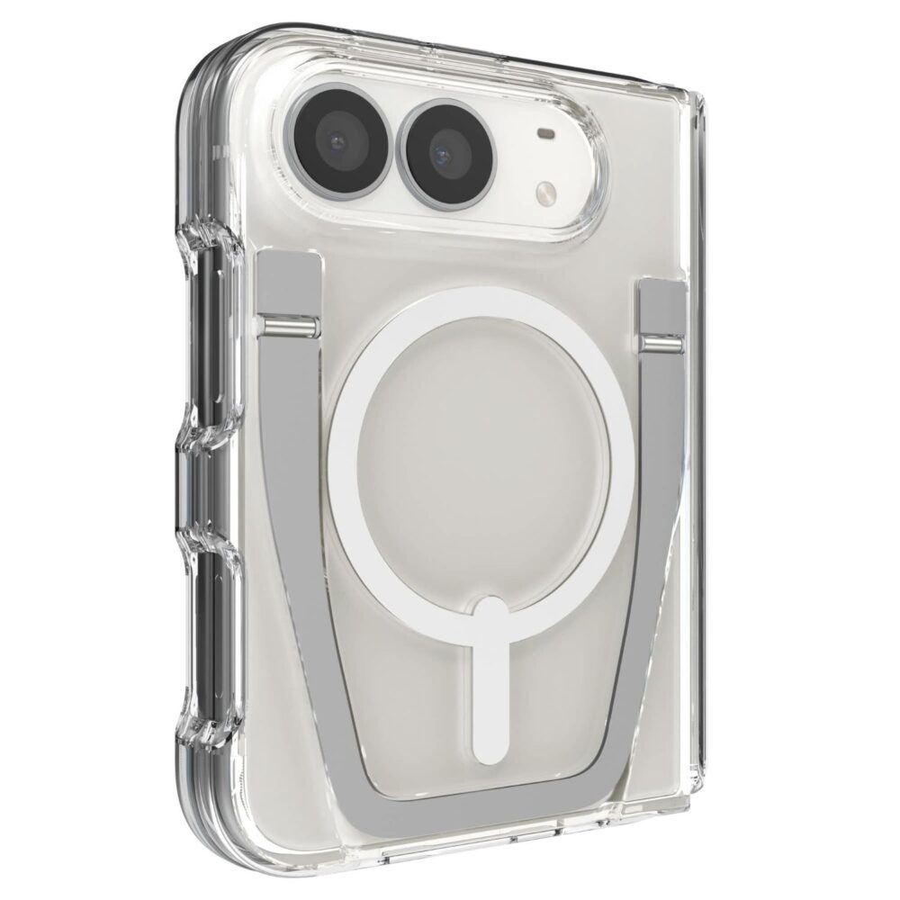 Clear ZAGG Crystal Palace Snap case with stand fitted to an iPhone Duo, shown folded from the rear at an angle with the stand stowed flat