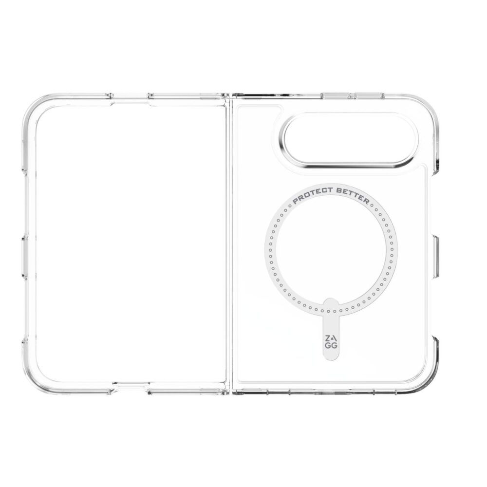 Interior of the clear ZAGG Crystal Palace Snap Lite case for iPhone Duo shown fully open with the magnetic ring visible