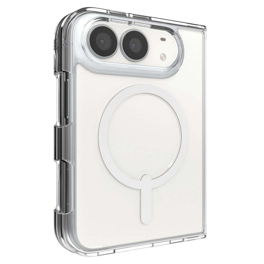 Clear ZAGG Crystal Palace Snap Lite case fitted to an iPhone Duo shown folded from the rear at an angle