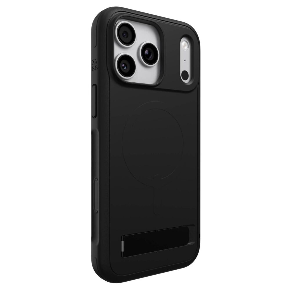 Black ZAGG Sedona Snap case fitted to a compatible iPhone 18 Pro Max or 17 Pro Max, shown from the rear at an angle with the kickstand closed.