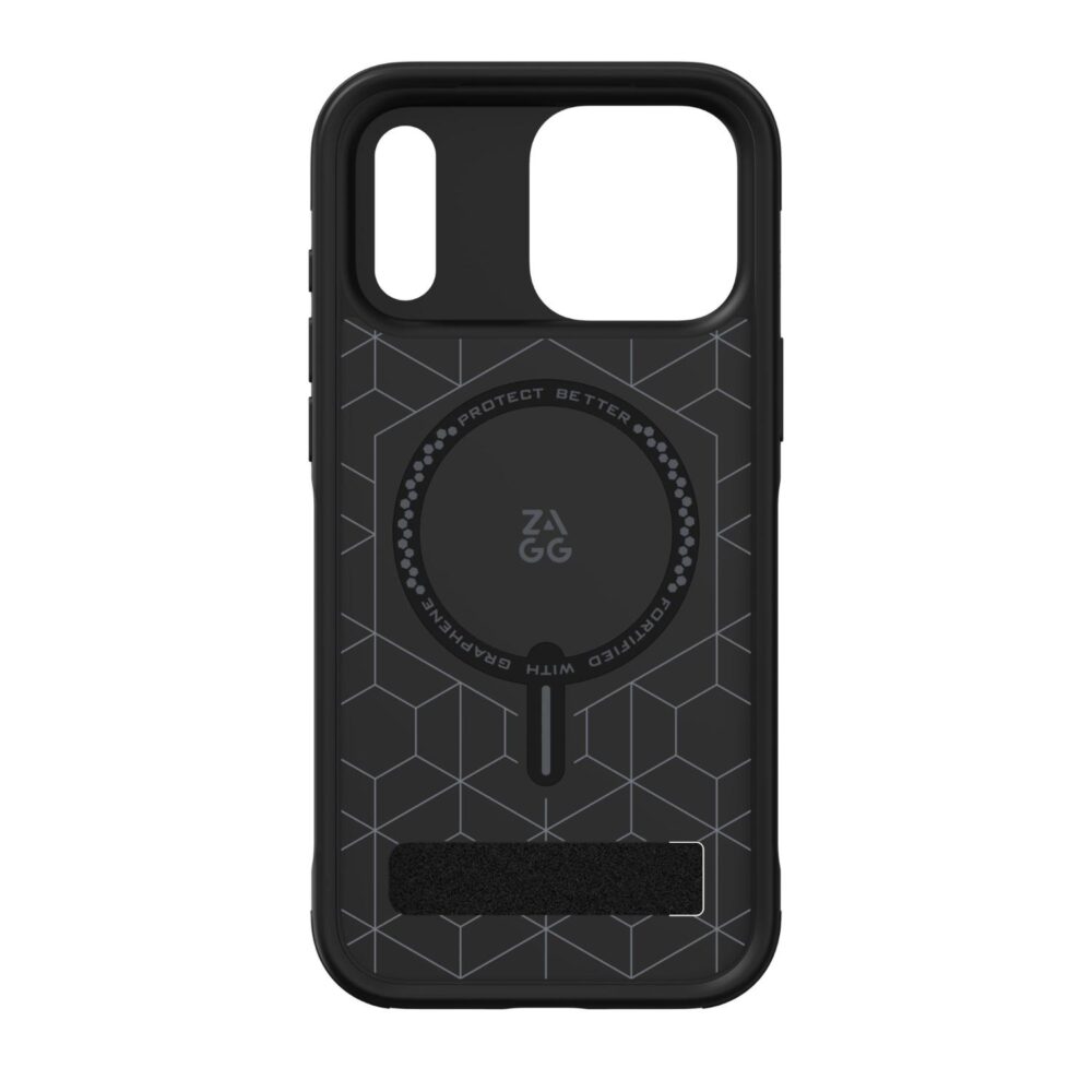 Interior of the black ZAGG Sedona Snap case for iPhone 18 Pro Max and 17 Pro Max, showing the circular magnetic area and patterned inner surface.