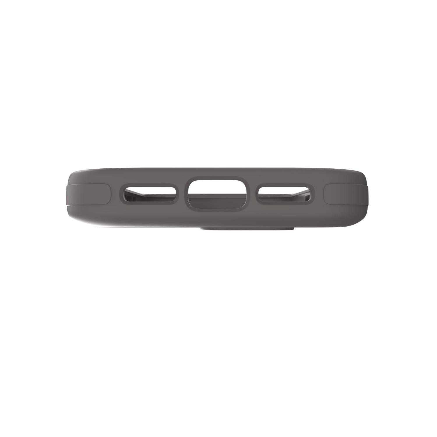 Bottom edge of the grey ZAGG Sedona Snap case showing the charging-port opening and speaker cut-outs.