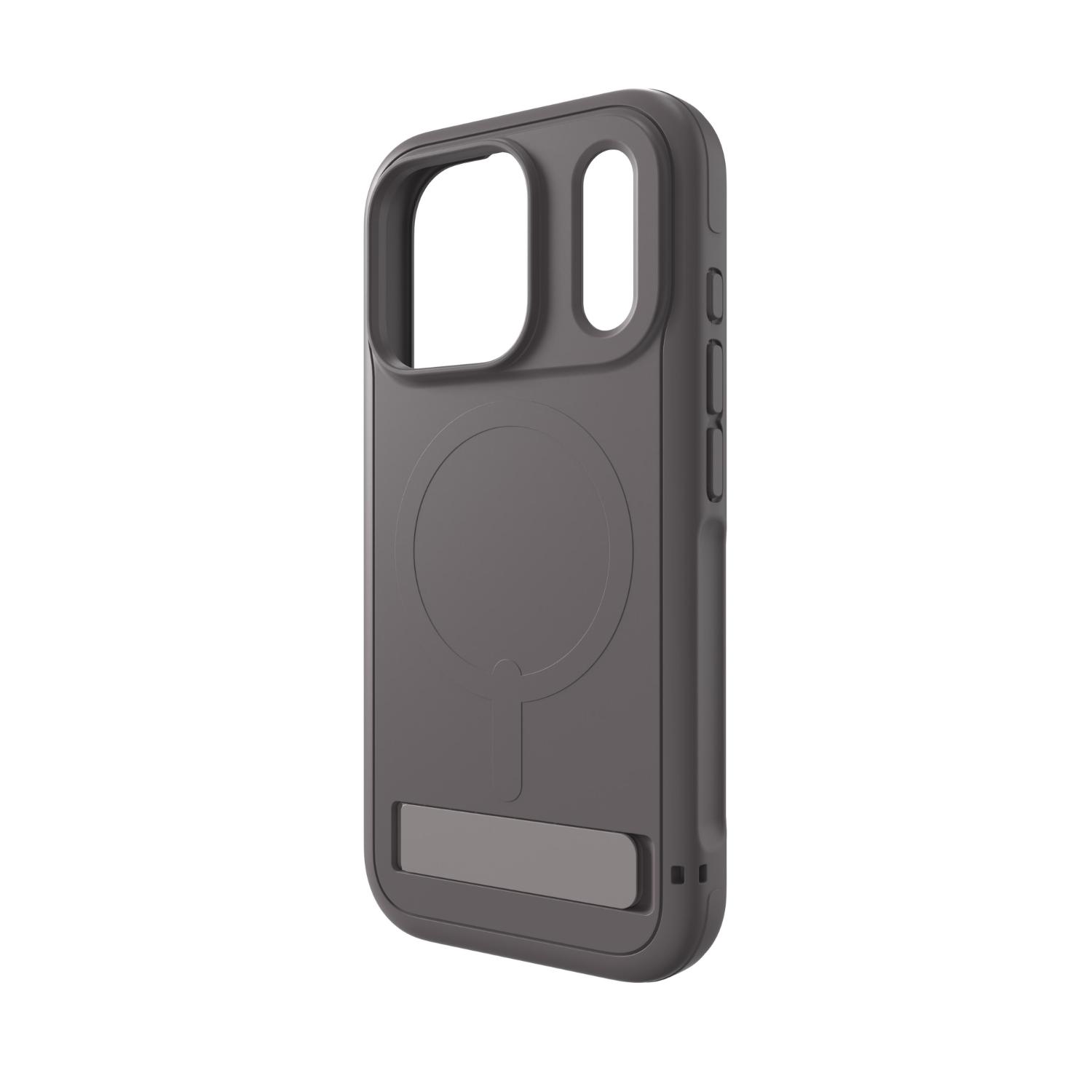 Empty grey ZAGG Sedona Snap case shown from the rear at an angle with the side button covers visible and kickstand closed.