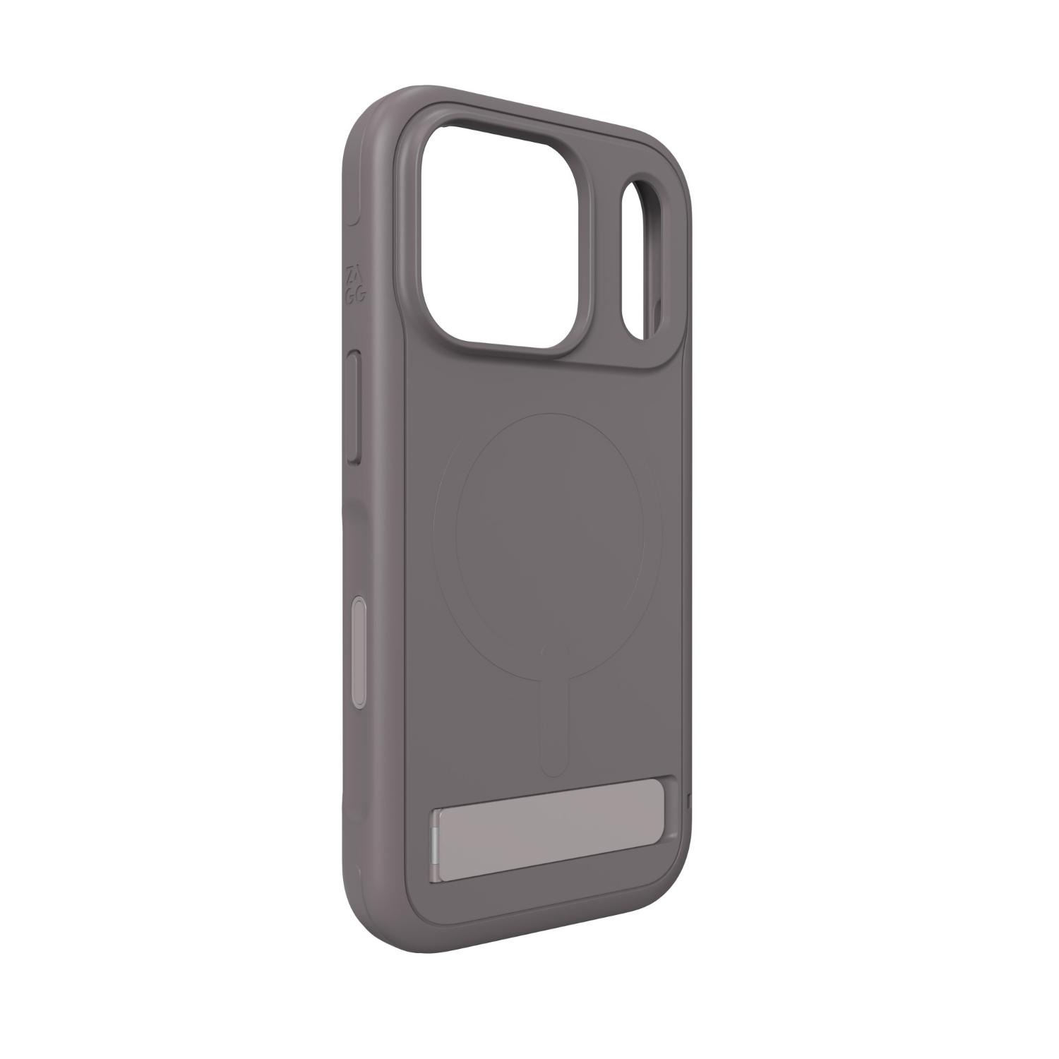 Empty grey ZAGG Sedona Snap case shown from the rear at an angle with the camera control side and integrated button visible.