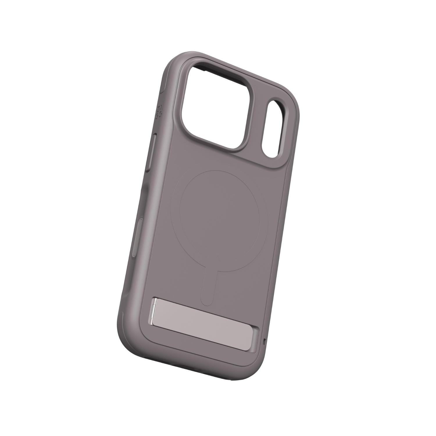 Empty grey ZAGG Sedona Snap case shown from the rear in a tilted view with the kickstand closed.