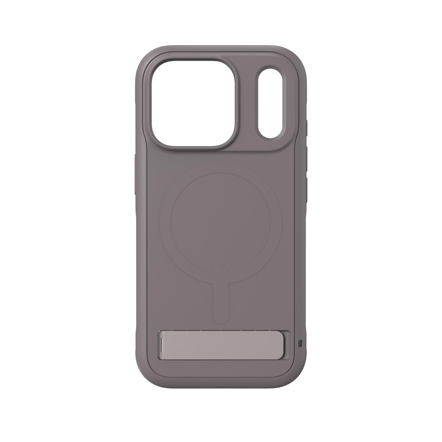 Rear view of the empty grey ZAGG Sedona Snap case with the circular magnetic ring outline and integrated kickstand closed.
