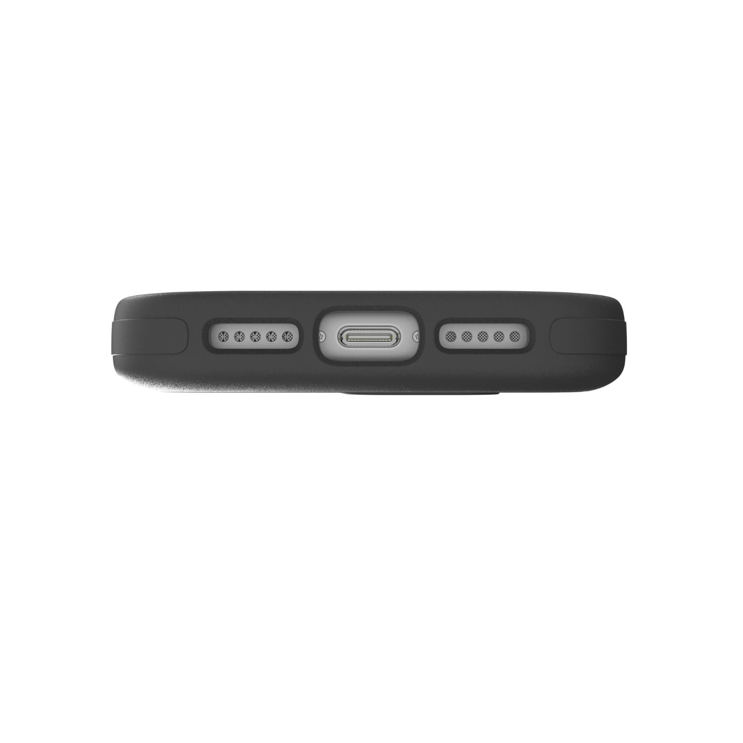 Bottom edge of the grey ZAGG Sedona Snap case fitted to a compatible iPhone 18 Pro or 17 Pro, showing the charging-port opening and speaker cut-outs.