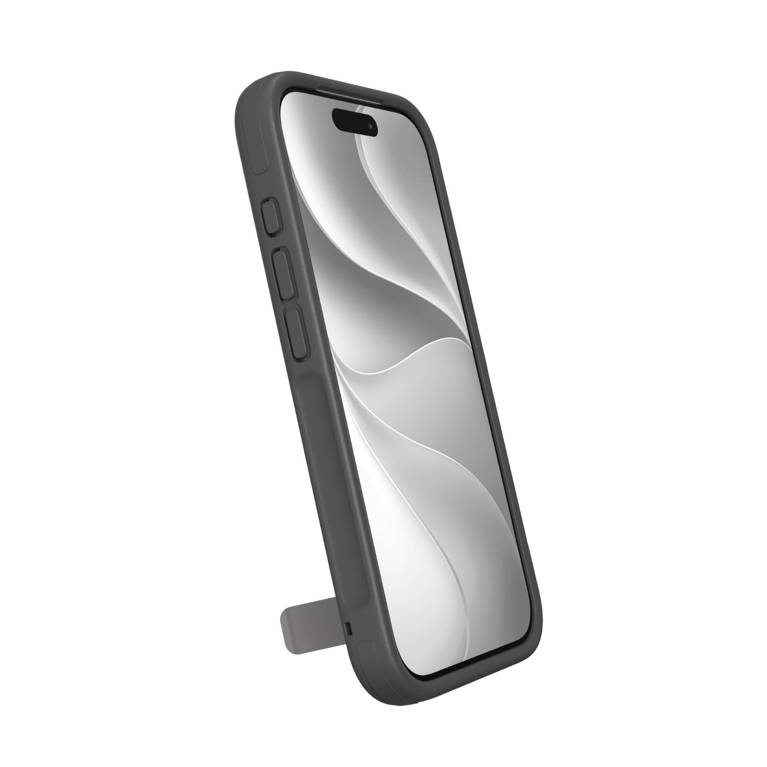 Grey ZAGG Sedona Snap case fitted to a compatible iPhone 18 Pro or 17 Pro, shown from the front at an angle with the integrated kickstand extended.