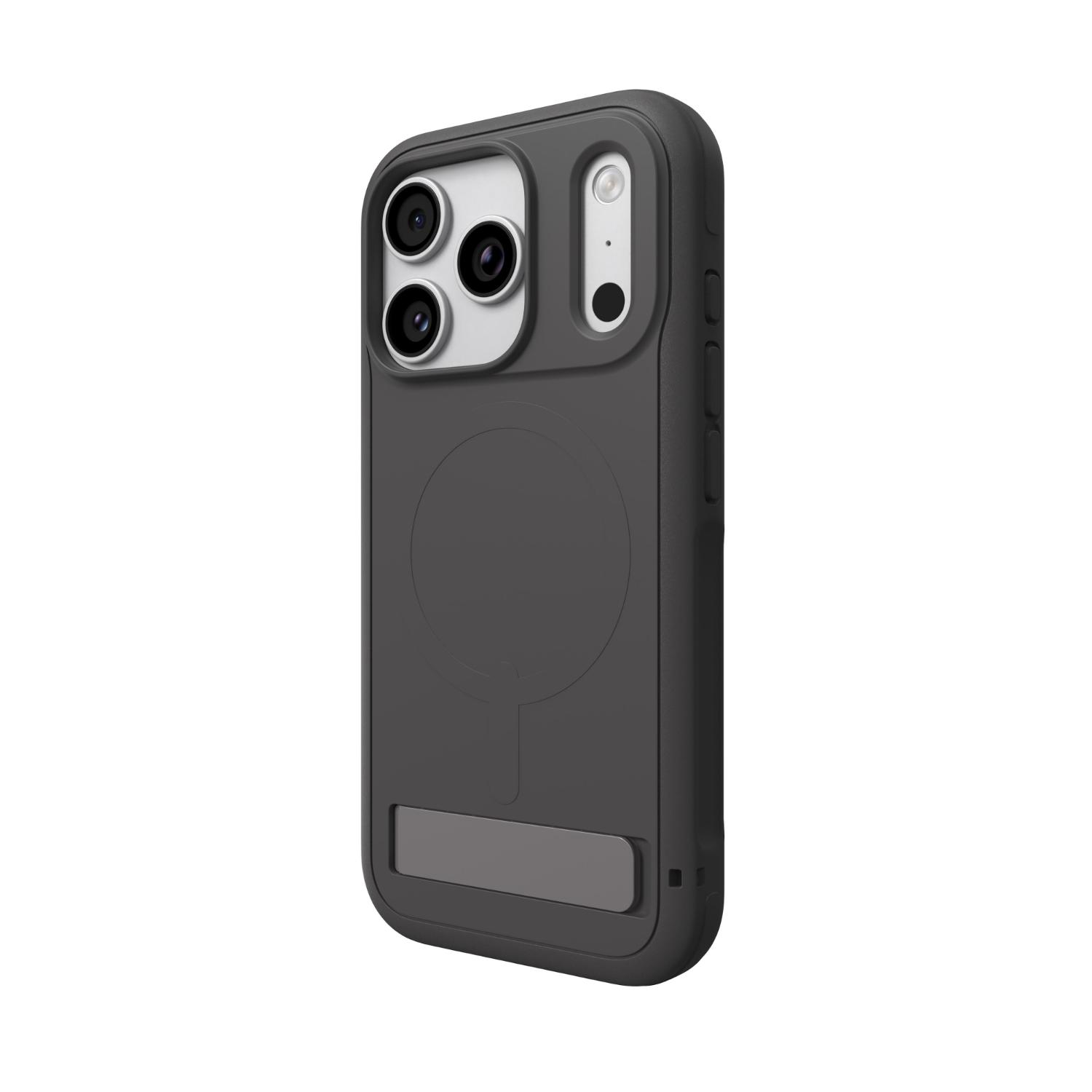 Grey ZAGG Sedona Snap case fitted to a compatible iPhone 18 Pro or 17 Pro, shown from the rear at an angle with the side button covers visible.