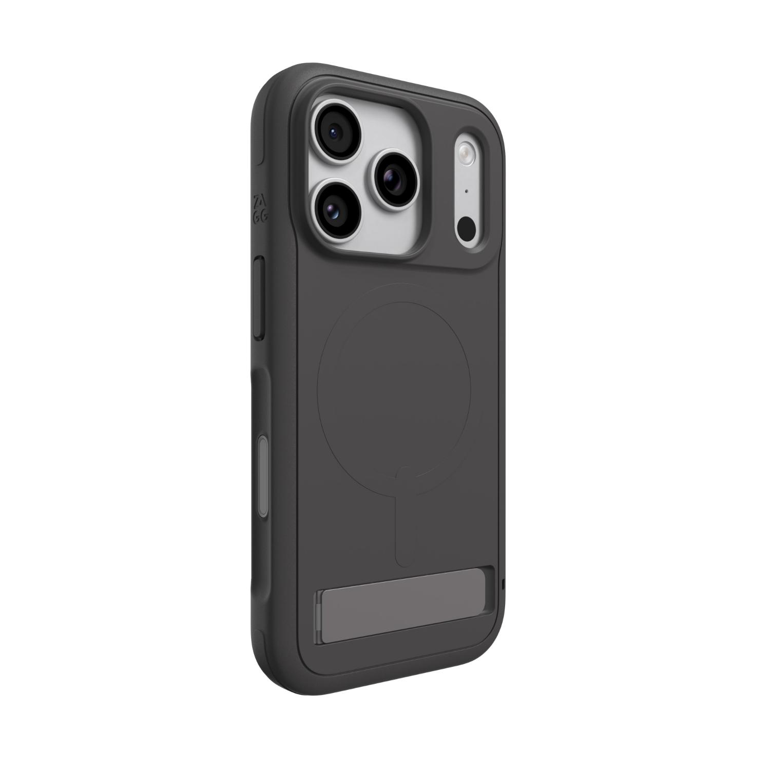 Grey ZAGG Sedona Snap case fitted to a compatible iPhone 18 Pro or 17 Pro, shown from the rear at an angle with the camera control side visible.