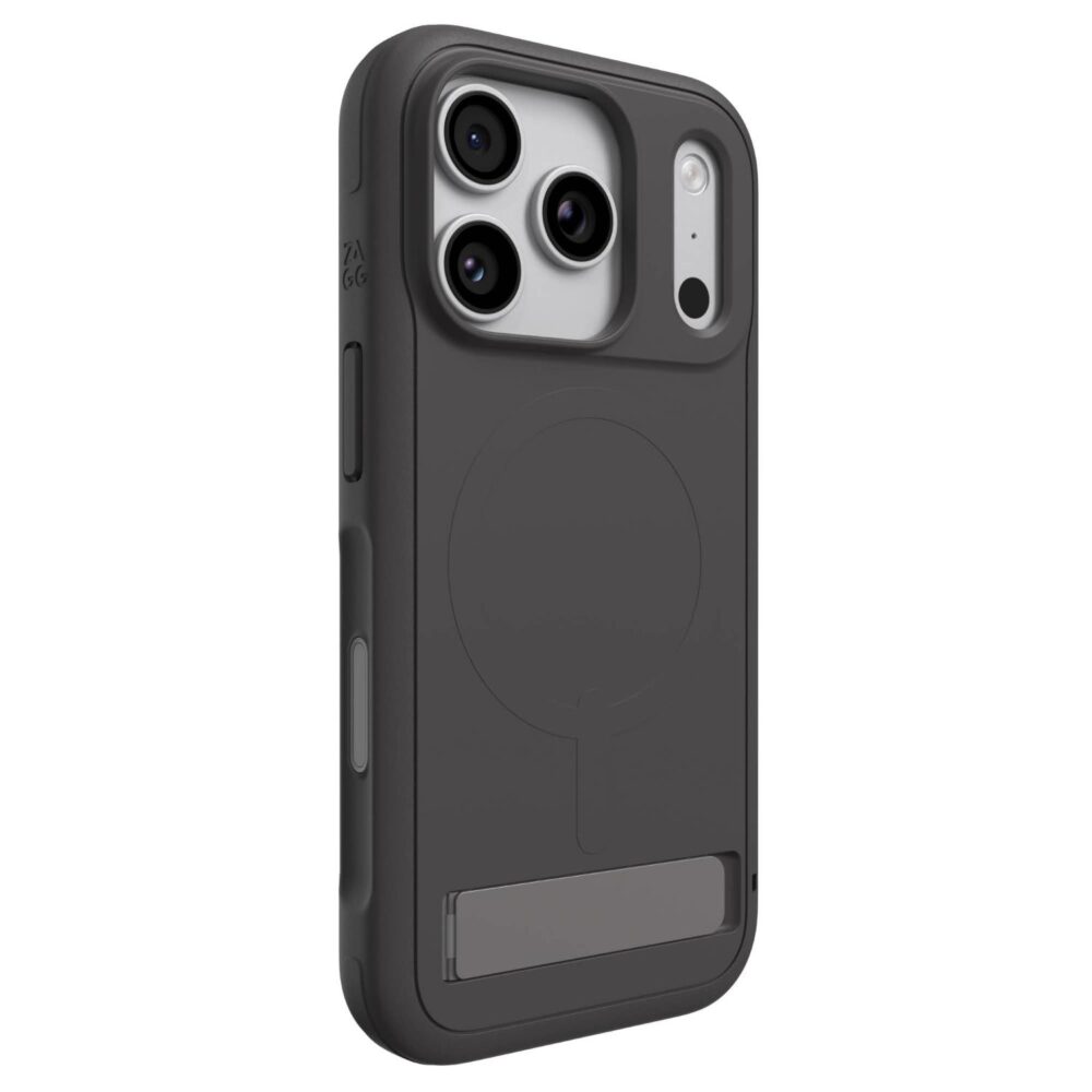 Grey ZAGG Sedona Snap case fitted to a compatible iPhone 18 Pro or 17 Pro, shown from the rear at an angle with the kickstand closed.