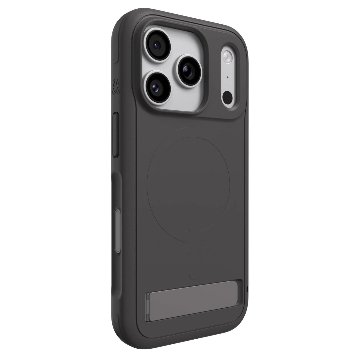Grey ZAGG Sedona Snap case fitted to a compatible iPhone 18 Pro or 17 Pro, shown from the rear at an angle with the kickstand closed.