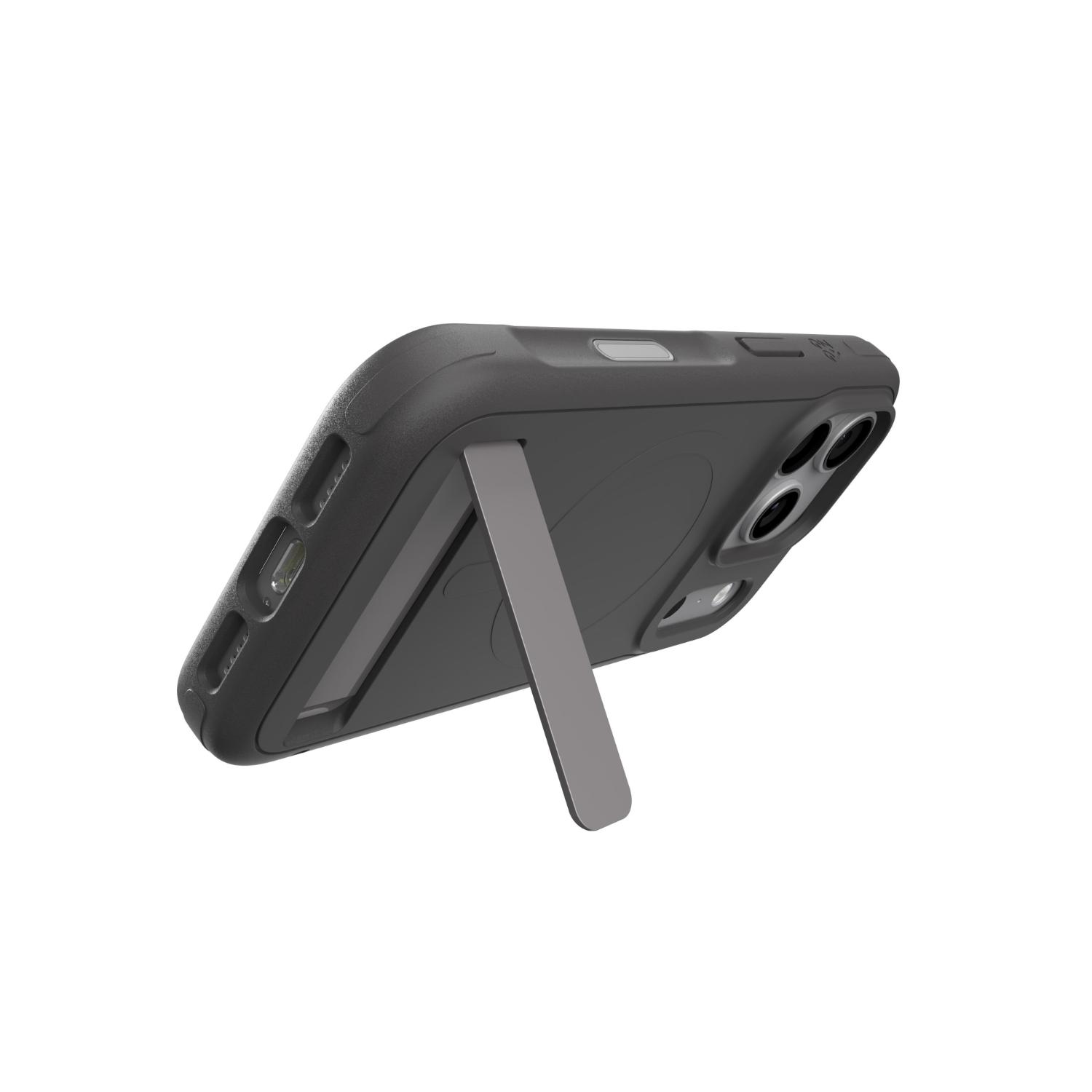 Grey ZAGG Sedona Snap case fitted to a compatible iPhone 18 Pro or 17 Pro, resting in landscape orientation with the integrated kickstand extended.