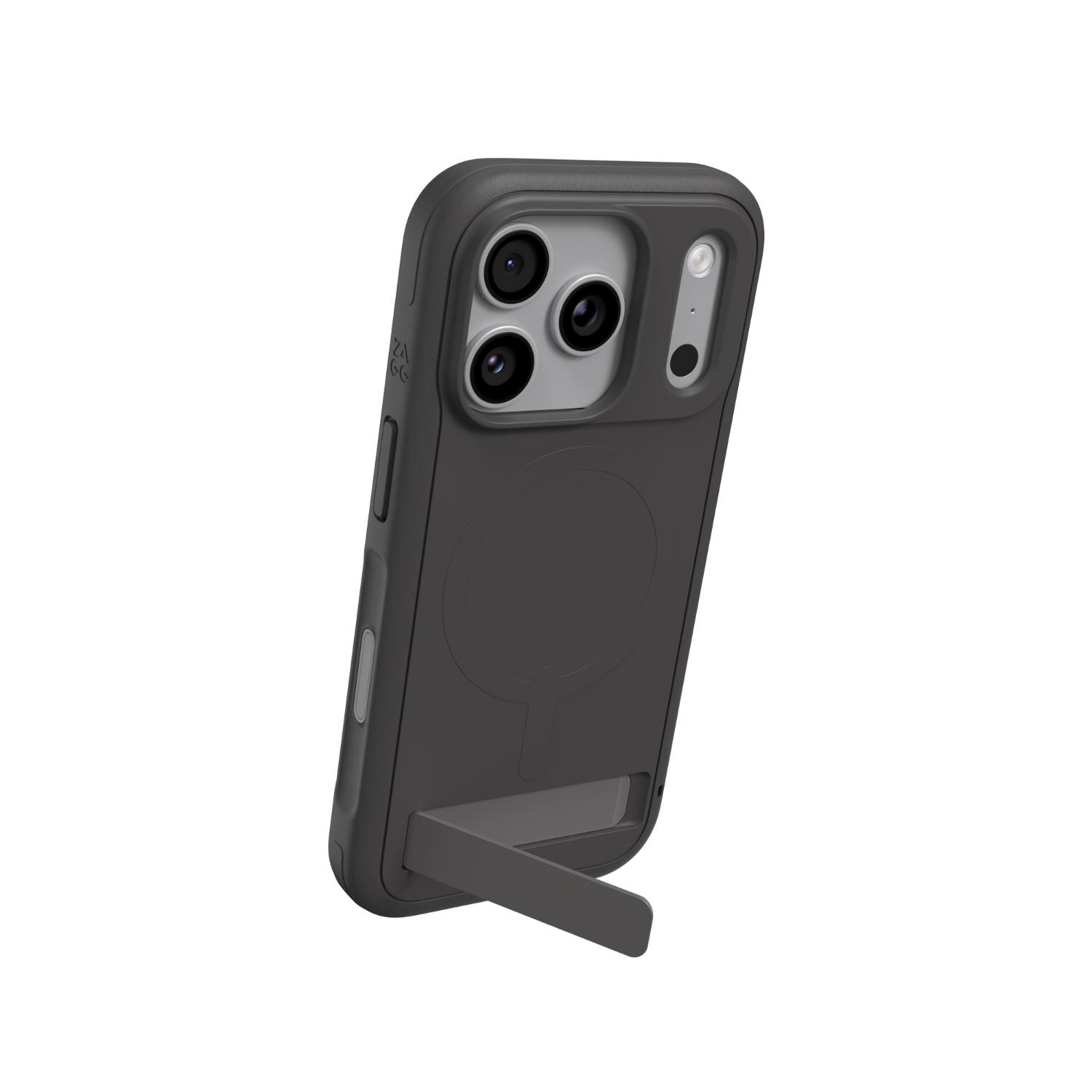 Grey ZAGG Sedona Snap case fitted to a compatible iPhone 18 Pro or 17 Pro, shown from the rear with the integrated kickstand extended.