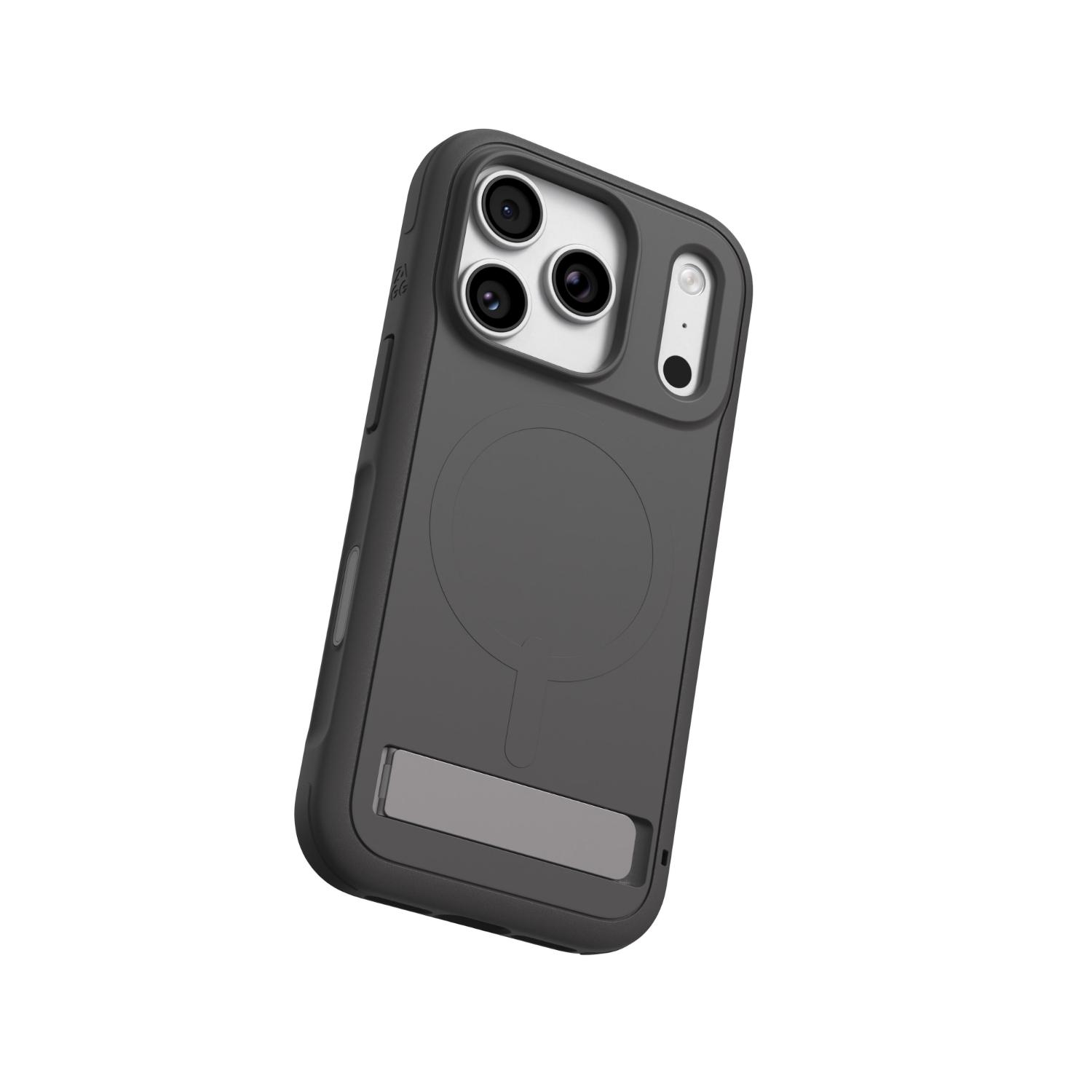 Grey ZAGG Sedona Snap case fitted to a compatible iPhone 18 Pro or 17 Pro, shown from the rear in a tilted view with the kickstand closed.