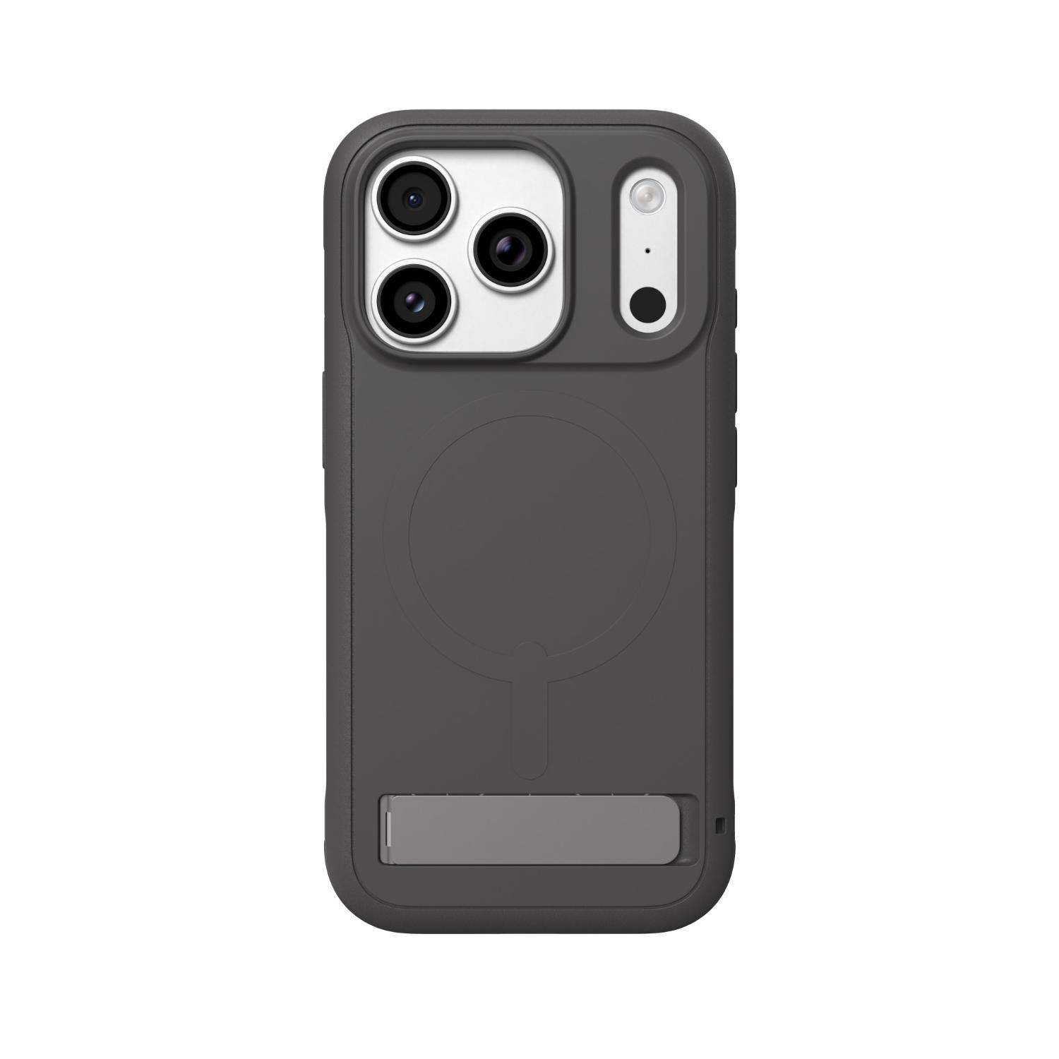 Rear view of the grey ZAGG Sedona Snap case fitted to a compatible iPhone 18 Pro or 17 Pro with the kickstand closed.