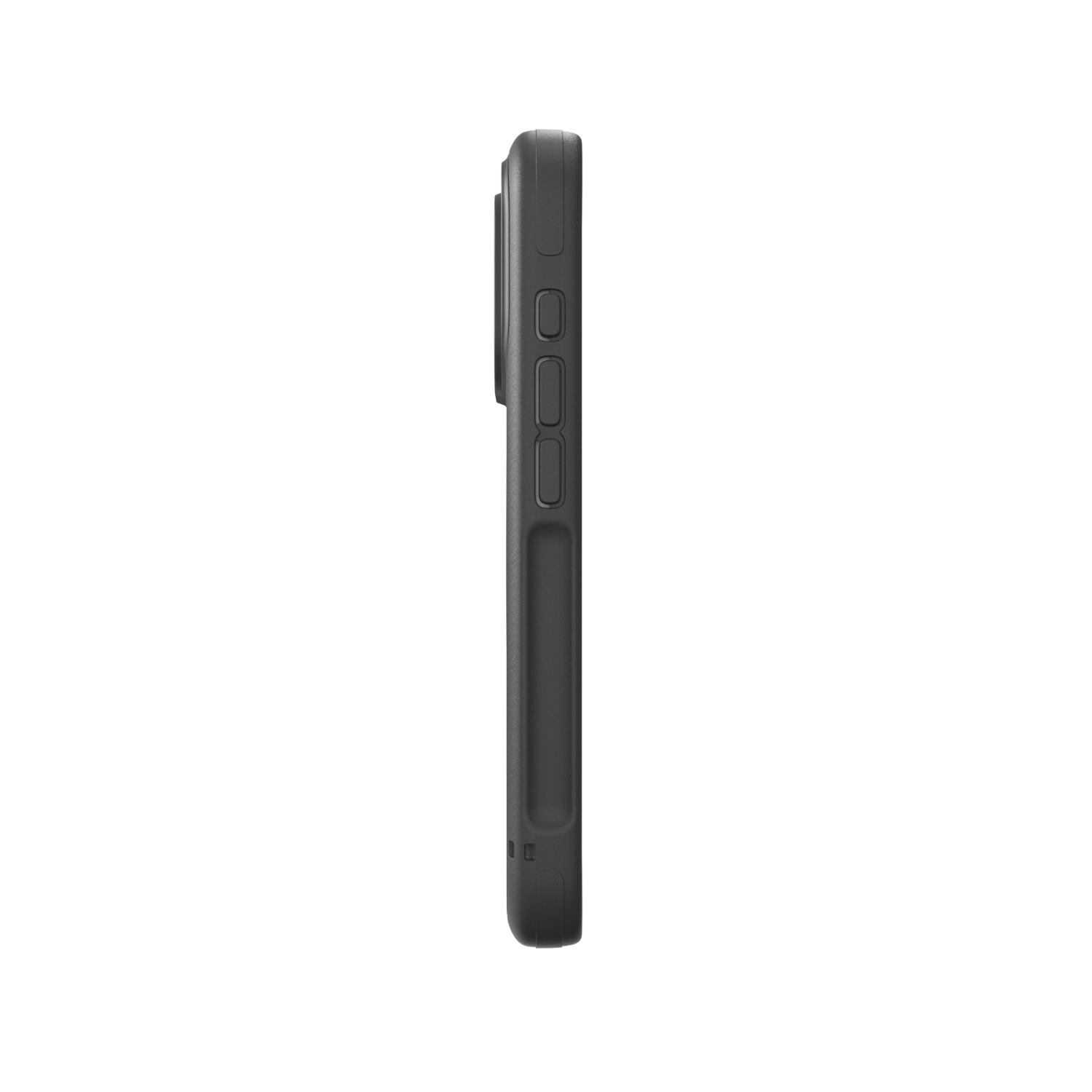 Side profile of the grey ZAGG Sedona Snap case fitted to a compatible iPhone 18 Pro or 17 Pro with the raised button covers visible.