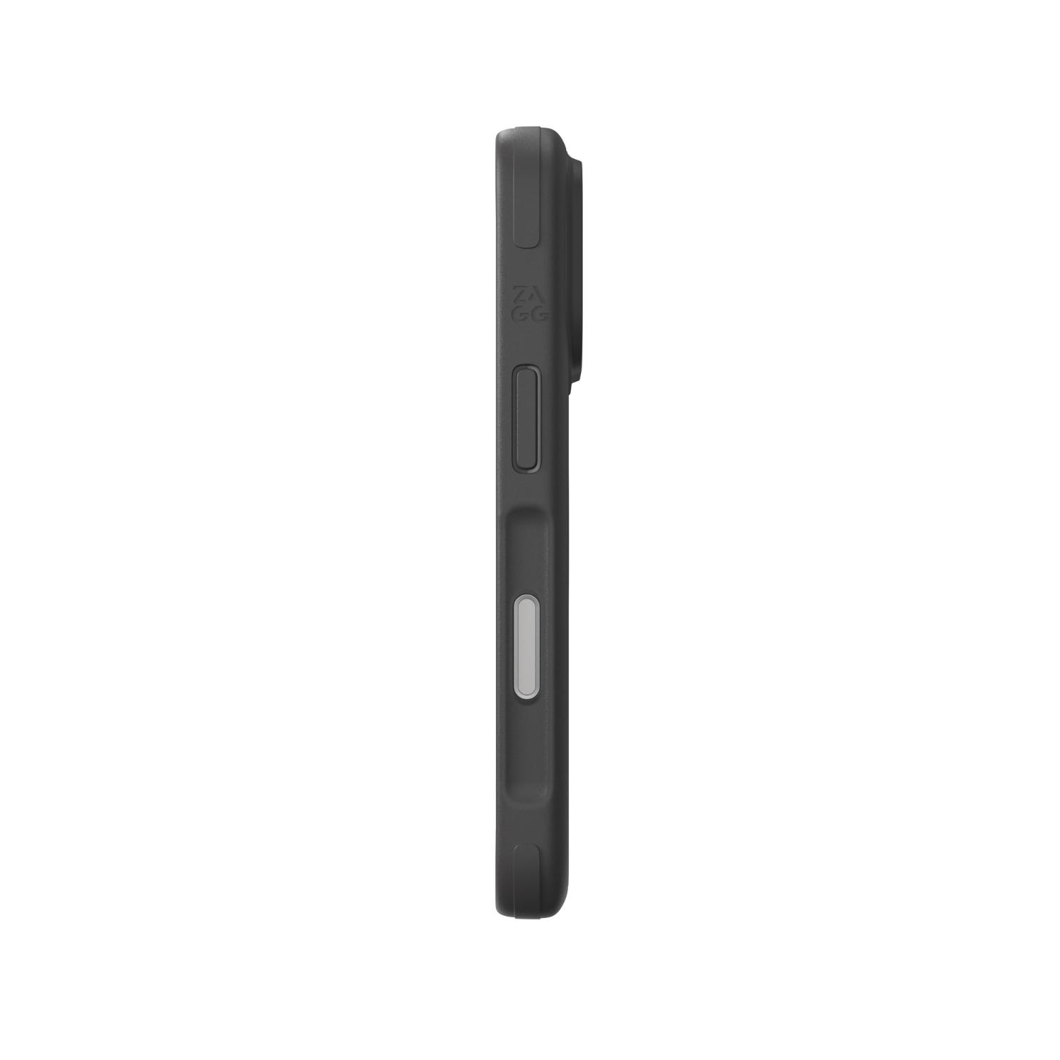 Side profile of the grey ZAGG Sedona Snap case fitted to a compatible iPhone 18 Pro or 17 Pro, showing the integrated camera control button.