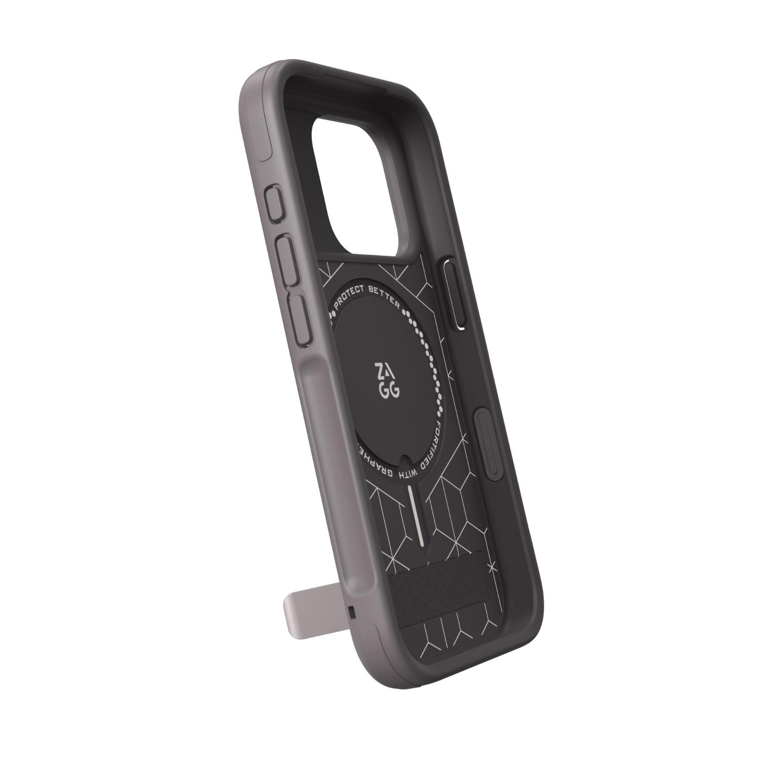 Interior of the grey ZAGG Sedona Snap case shown at an angle with the graphene-patterned lining and kickstand extended.